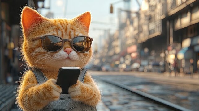 Chat roux avec lunettes de soleil utilisant un smartphone en ville