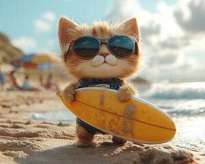Chaton roux avec lunettes de soleil tenant une planche de surf sur la plage
