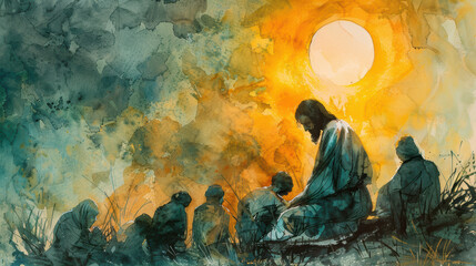 Watercolor jesus teaching disciples at sunset art illustration