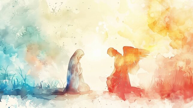 Watercolor style, The Annunciation with Angel Gabriel kneeling before Mary