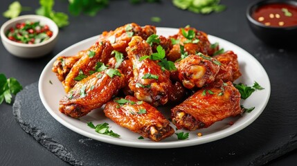 Fototapeta premium A white plate filled with crispy roasted chicken wings, garnished with green herbs, placed on a black stone background. Delicious and appetizing food shot