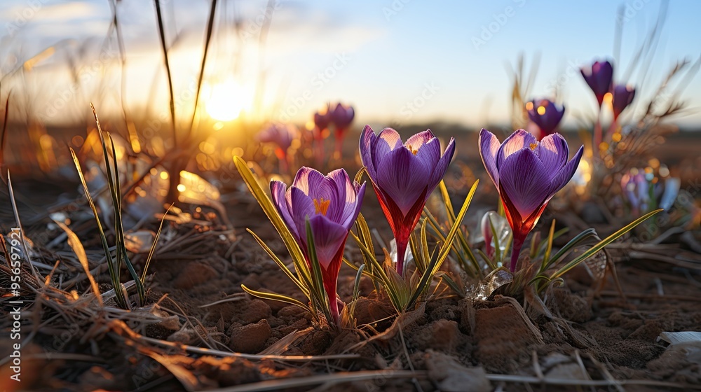 Canvas Prints Purple crocuses in bloom at sunset. Spring and beauty concept. Design for gardening, seasonal festivals flyer, invitation. Banner  