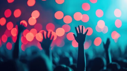 Silhouettes of Hands Reaching Up in a Crowd at a Concert.