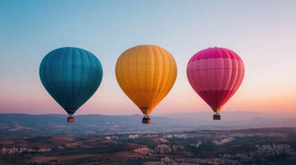 Obraz premium Three Colorful Hot Air Balloons Soaring Over Landscape at Sunset.