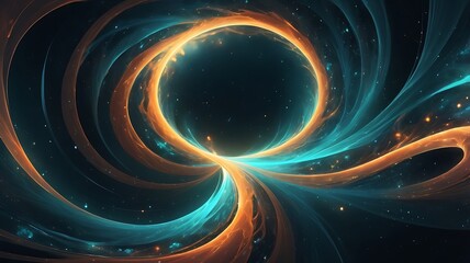 Obraz premium Abstract image of intertwining, luminous energy waves in teal and orange, set against a dark cosmic background with scattered stars.