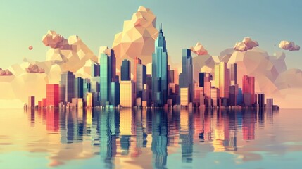 Obraz premium Geometric Cityscape with Reflection in Water