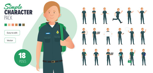 Simple flat female paramedic first responder vector character in a set of multiple poses. Easy to edit and isolated on a white background. Modern trendy style character mega pack with lots of poses.	
