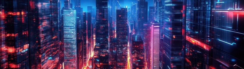 A futuristic cityscape with neonlit stairs weaving between skyscrapers, symbolizing the hightech journey to corporate success