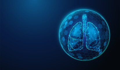 Abstract illustration of protected human lungs in low poly style. Blue geometric background depicting healthcare medical concept by wireframe connection structure