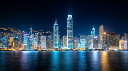 Fototapeta premium Cityscape with skyscrapers and colorful lights reflecting on the water at night