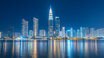 Obraz premium Cityscape with skyscrapers and colorful lights reflecting on the water at night