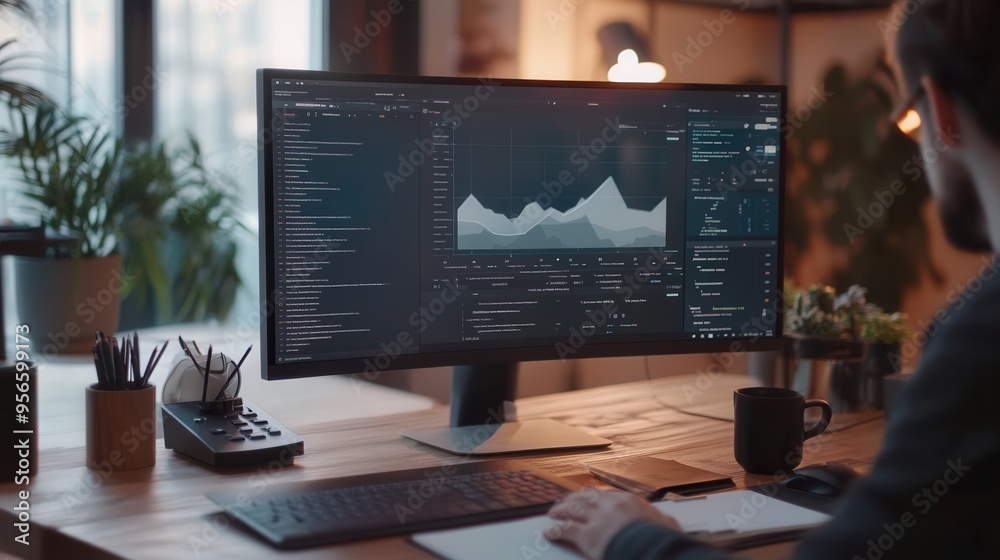 Poster an expert is deeply engaged in analyzing intricate data on a large monitor, with a tidy desk setup i