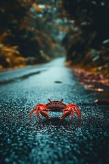 A Red Crab Facing Forward on a Wet Road