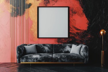 Modern living room with a colorful accent wall and minimalist furniture, featuring a large blank frame, designed for contemporary art display mockup 