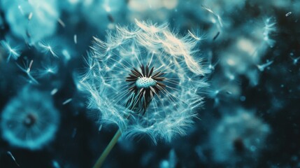 Close-Up of a Blowing Dandelion with Blue Background