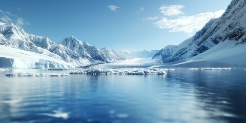 A breathtaking view of icy expanses and snow-capped mountains reflected in calm waters; a serene and pristine landscape embodying the beauty and tranquility of winter.