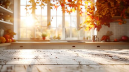 Empty wooden table illuminating by sunlight in blurred autumn kitchen background, product montage display