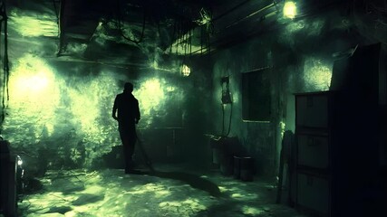 A dark and eerie scene features a mysterious figure casting a long shadow in a dimly lit underground space filled with shadows and unsettling textures
