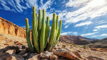 Cereus Grandiflorus cactus in a rocky desert landscape, with tall, columnar stems reaching towards the sky, showcasing the resilience and beauty of desert plants