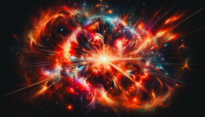 A colorful explosion in space with a red and blue center