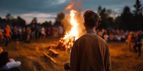 A person stands facing a large bonfire, surrounded by a crowd in the background; a scene filled with warmth, community, and the captivating light of the fireside.