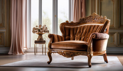 Luxurious brown velvet and wooden armchair standing on a rug in an ornate room with sunlight shining through the window, flowers on the small table