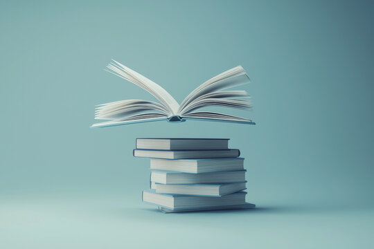 Conjunto de libros sobre soporte puestos uno de encima de otro, presentando en su parte superior un libro abierto flotando con sus p&aacute;ginas abatidas en movimiento, sobre fondo azul pastel 