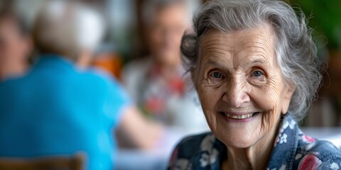 Fototapeta premium An elderly woman with gray hair and twinkling eyes smiles warmly, portraying wisdom, joy, and a lifetime of experiences, set against a background with people chatting.