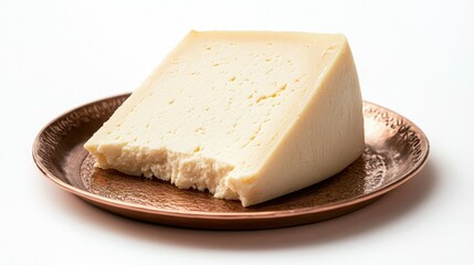 Close-up shot of a large wedge of kashkaval cheese on a copper plate, with delicate cracks and textures visible, isolated on a white background for clarity