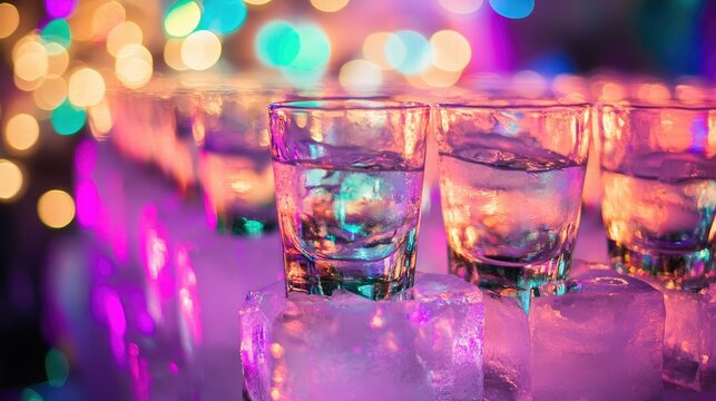Creative display of cocktail shooters in ice sculptures at a wedding reception, colorful lights reflecting off the ice and glass