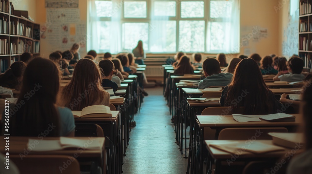 Aufkleber students are packed into a classroom, engaging with outdated educational materials while striving fo