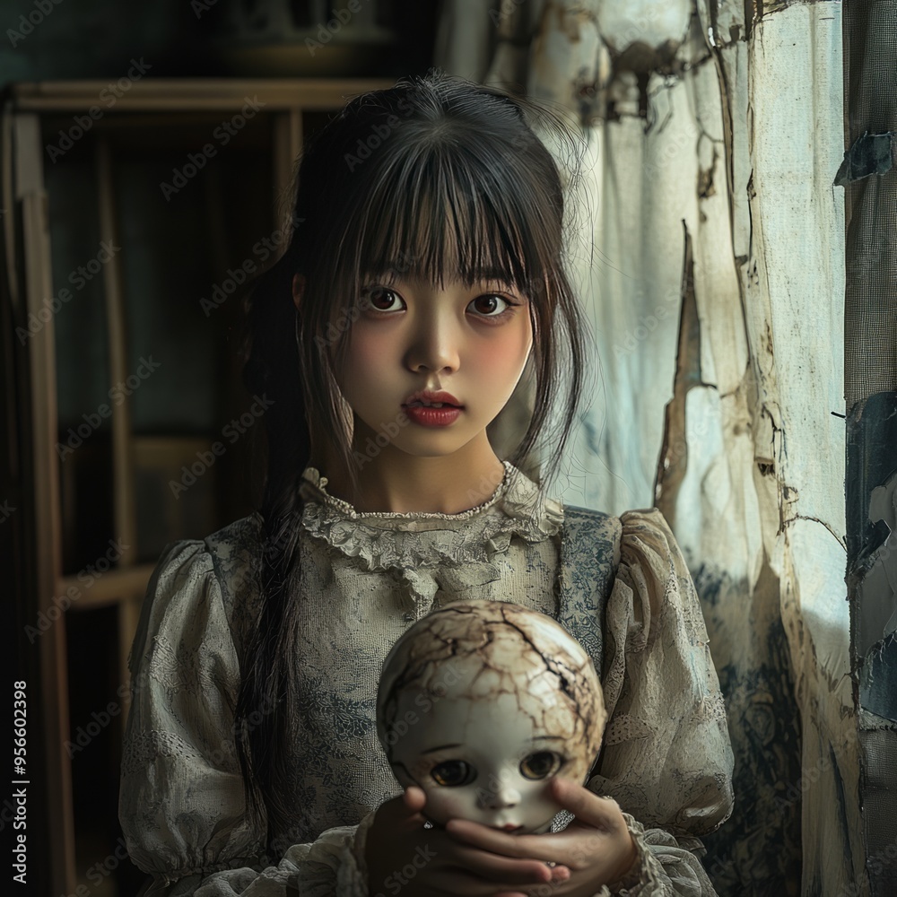 Canvas Prints A young woman in a white dress holds a broken doll, looking directly at the camera with a serious expression.