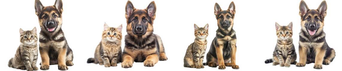 Isolated on a white background, a dog and kitten look at the camera.