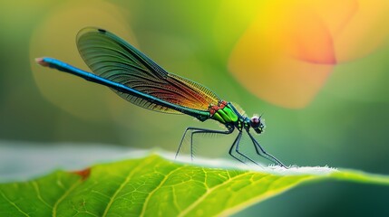 A dragonfly with iridescent wings sits on a leaf.