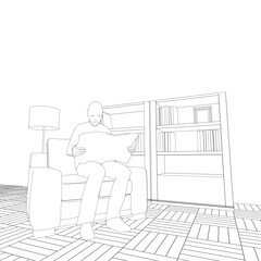 Outline of man sitting in armchair and reading newspaper in room with lamp and bookcase with books made of black lines isolated on white background. Vector illustration.
