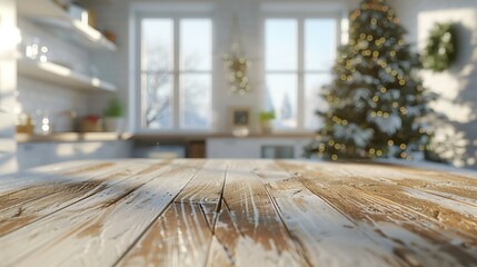 Blurred christmas kitchen background with an empty wooden table, perfect for showcasing products