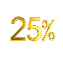 25 percent discount gold 3d render on Transparent background.
