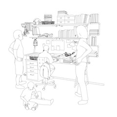 Outline of children room with table and many interior objects. Father and mother are standing next to their children. Small child playing on the floor. Child sitting at the table. Vector illustration.