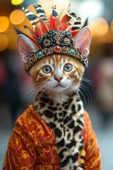 A Bengal Cat Dressed as a King with a Feathered Headpiece and a Red Robe