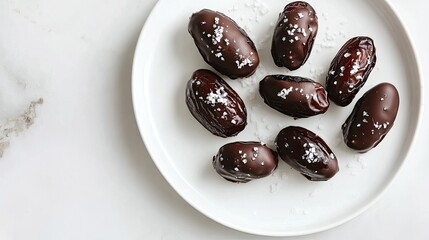 Obraz premium Fresh dates dipped in dark chocolate, arranged on a white plate, with a sprinkling of sea salt on top, perfect for a gourmet dessert idea
