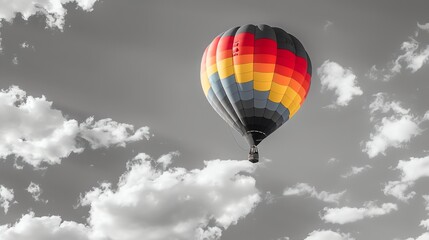 Fototapeta premium A colorful hot air balloon floats against a gray sky and white clouds.