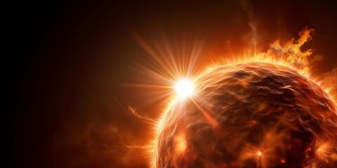Obraz premium A stunning, fiery depiction of the sun shining brightly in outer space, showcasing its vibrant energy and intense heat against the vast, dark void of space.