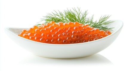 Fresh pike caviar served in a sleek white gravy boat, garnished with fresh dill sprigs, elegantly isolated on a white background for a clean, appetizing look
