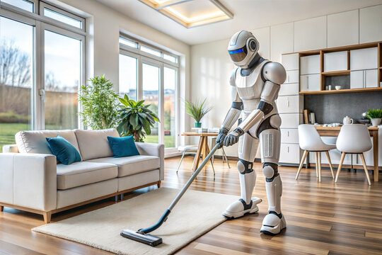 Robot houseworker cleans up the room. Cleaning service by robot with a vacuum cleaner. Smart home futuristic technology
