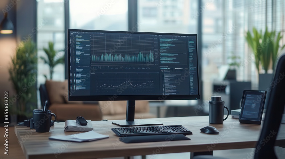 Leinwandbilder an expert concentrates on a large monitor while reviewing complex data, surrounded by an organized d