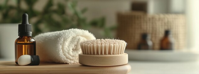 Essentials for a relaxing home spa experience with oils, brushes, and towels on a wooden surface in a calm setting