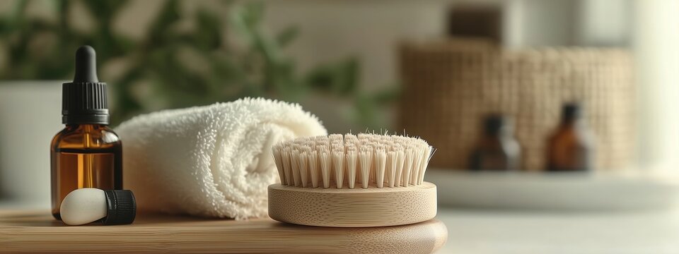 Essentials for a relaxing home spa experience with oils, brushes, and towels on a wooden surface in a calm setting