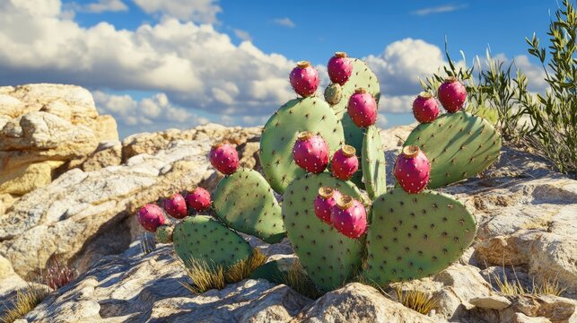 Opuntia ficus-indica, known as the prickly pear cactus, with vibrant fruits and spineless pads, isolated against a rocky desert background, showcasing its unique structure