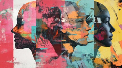 Fototapeta premium Abstract Collage of Three Silhouettes of Faces with Multicolored Strokes