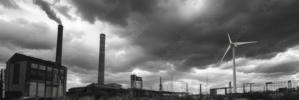 Leinwandbilder wind turbines stand tall against the backdrop of closed coal mines and old factories, showcasing the